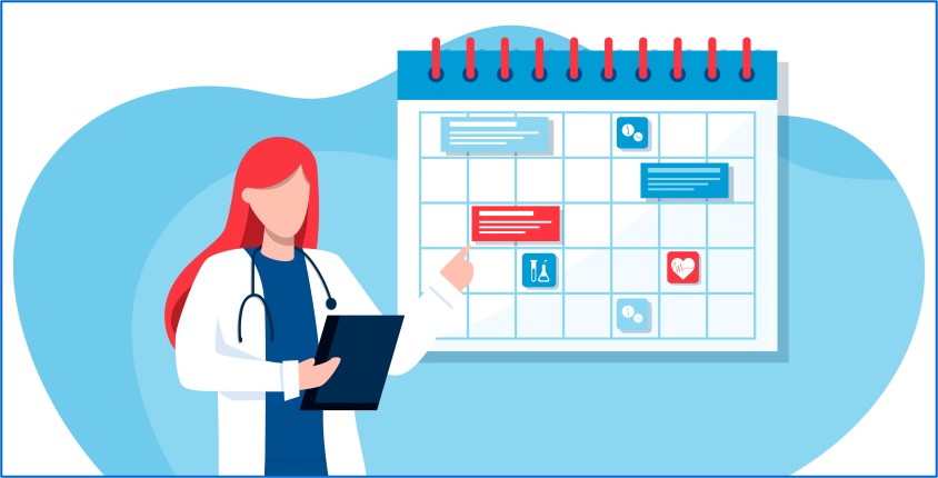 Grafische Darstellung/Bild von einer Ärztin mit einem Kalender